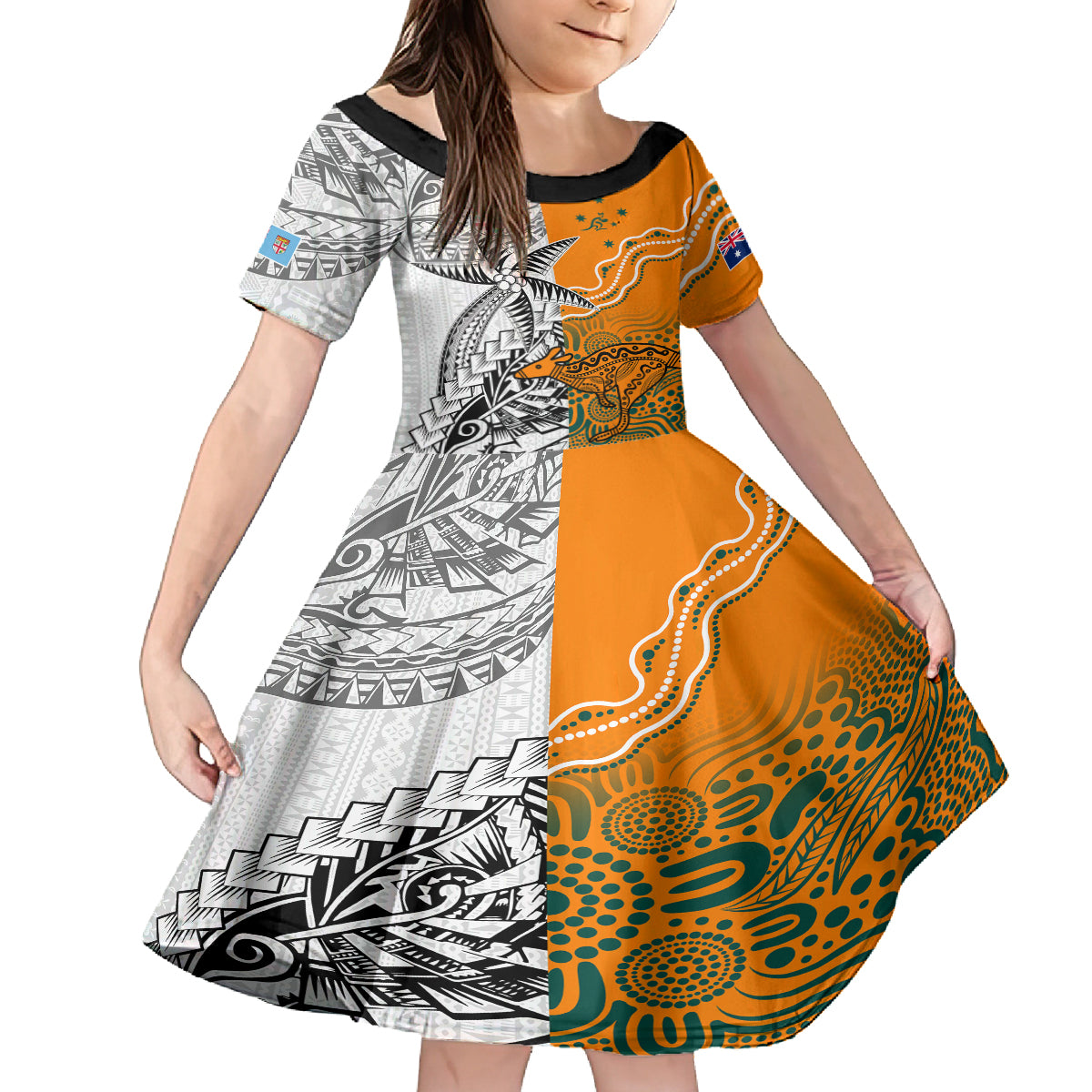 Personalised Fiji Australia Rugby Kid Short Sleeve Dress World Cup 2023 Polynesia Tapa Mixed Indigenous Aboriginal - Wonder Print Shop