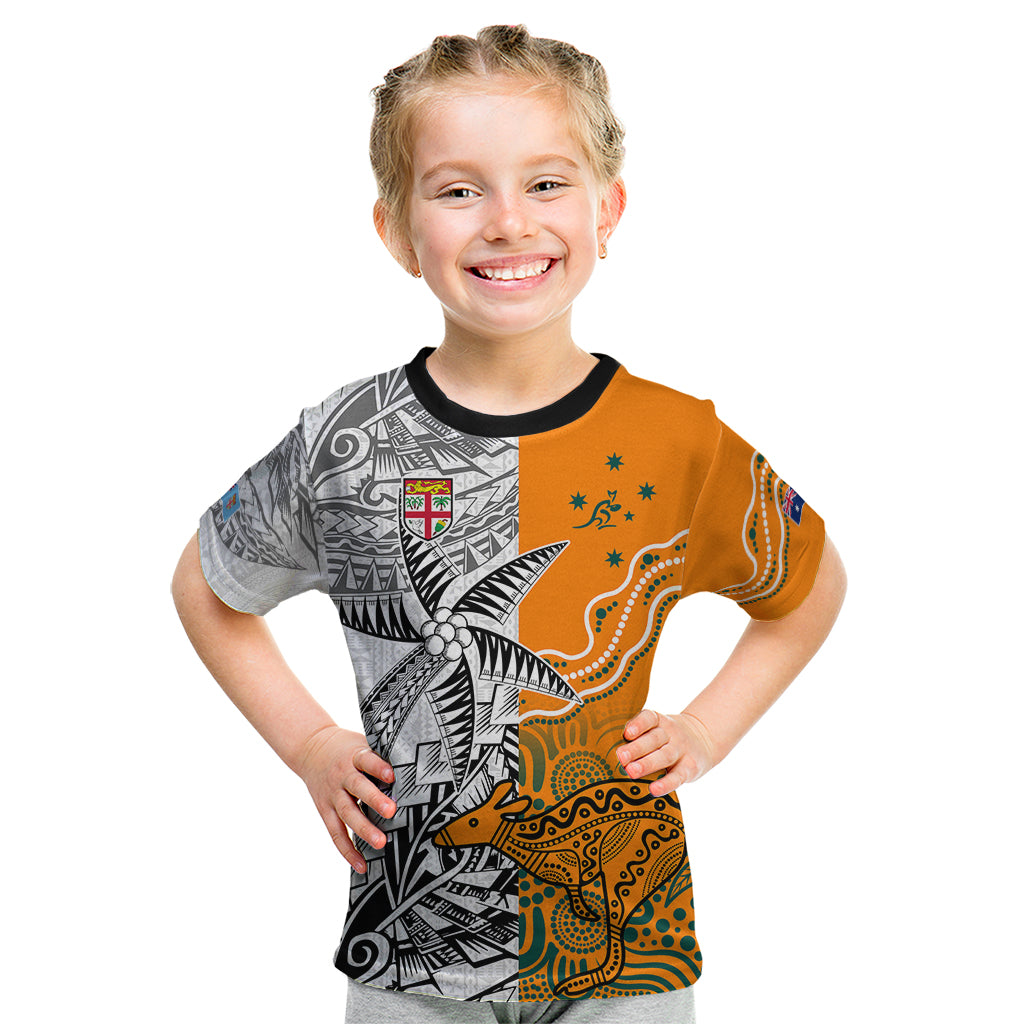 Personalised Fiji Australia Rugby Kid T Shirt World Cup 2023 Polynesia Tapa Mixed Indigenous Aboriginal - Wonder Print Shop