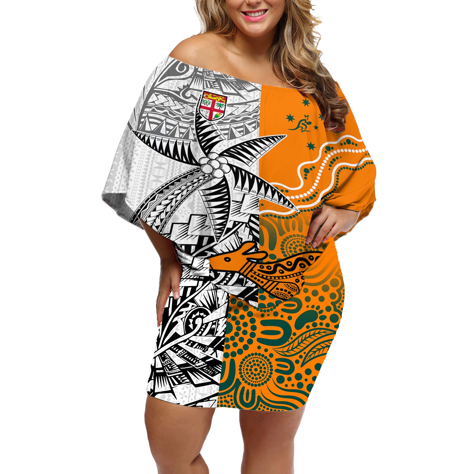 Personalised Fiji Australia Rugby Off Shoulder Short Dress World Cup 2023 Polynesia Tapa Mixed Indigenous Aboriginal - Wonder Print Shop