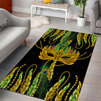 Mardi Gras feather mask area rug, black with gold mask and green feather motif