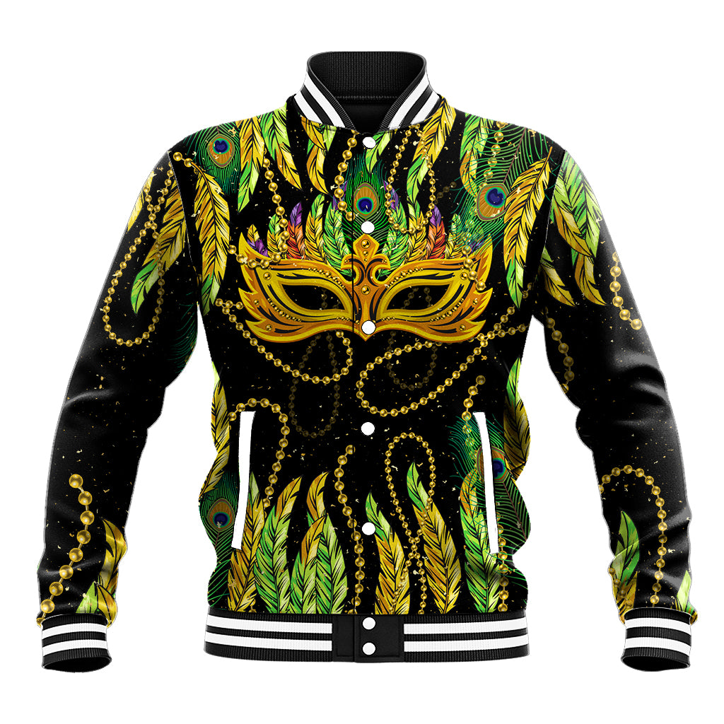 Green feather-print baseball jacket with Mardi Gras mask, black sleeves, ribbed striped cuffs