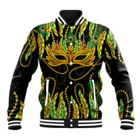 Green feather-print baseball jacket with Mardi Gras mask, black sleeves, ribbed striped cuffs