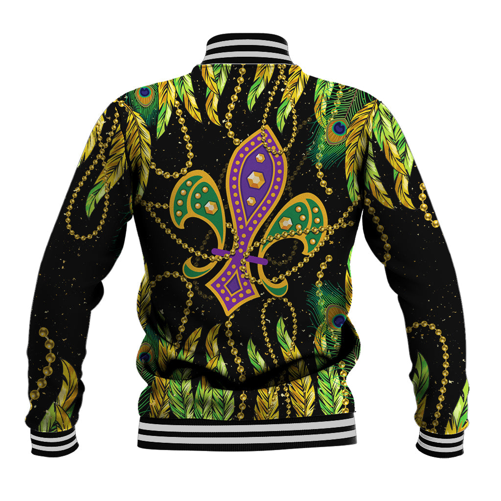 Green feather-print baseball jacket with fleur-de-lis style emblem, black trim, ribbed collar