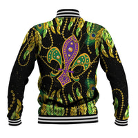 Green feather-print baseball jacket with fleur-de-lis style emblem, black trim, ribbed collar
