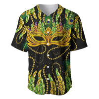 Baseball jersey in dark green with gold Mardi Gras mask and feather graphics