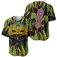 Baseball jersey front-back view with green feather print and gold Mardi Gras mask