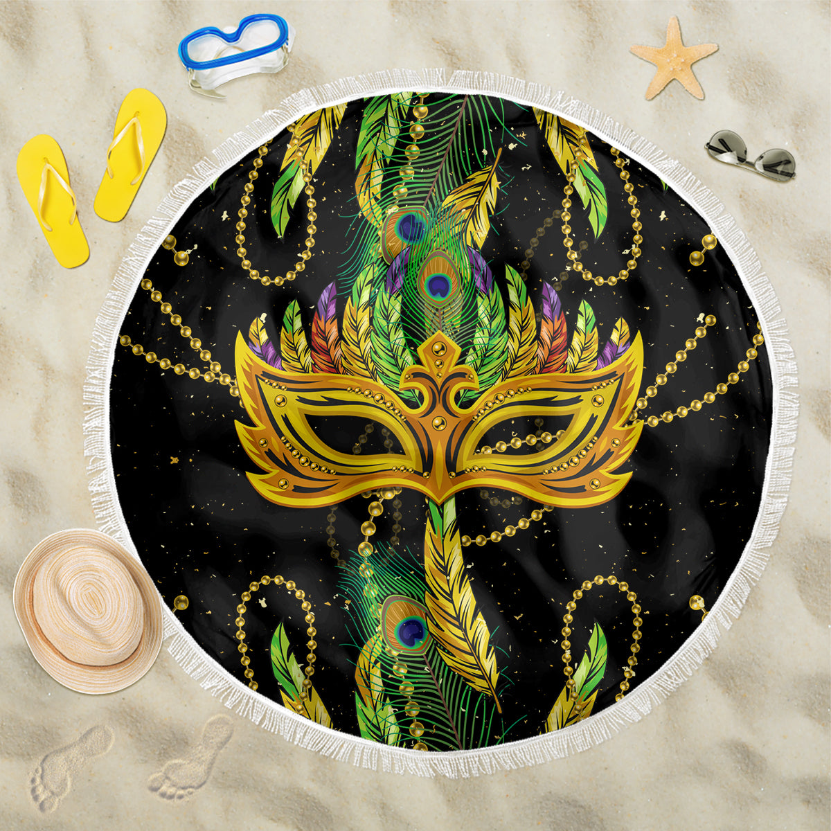 Round beach blanket with fringe: black gold feather mask with green plumes