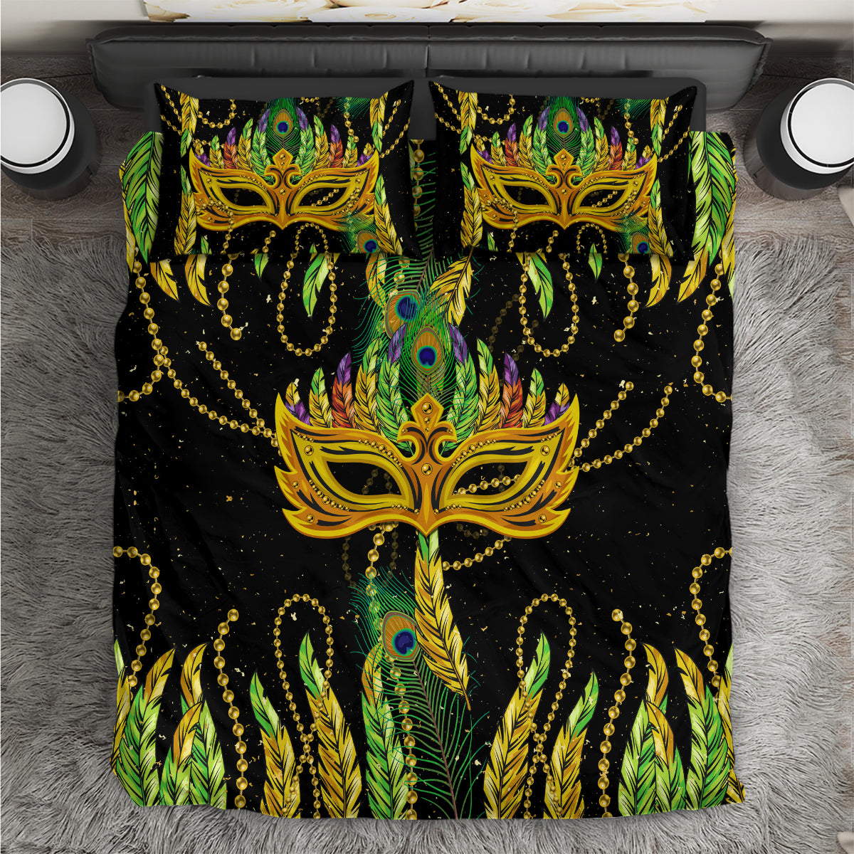 Feather mask Mardi Gras bedding set: black comforter with green feather & gold mask, 2 pillows