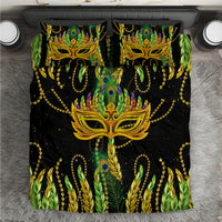 Feather mask Mardi Gras bedding set: black comforter with green feather & gold mask, 2 pillows