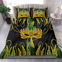 Feather mask Mardi Gras bedding set with black comforter, green leaf feathers and gold mask, 2 pillowcases