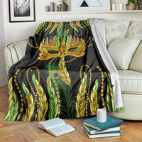 Green Mardi Gras blanket with feather mask and gold bead chains, draped on sofa