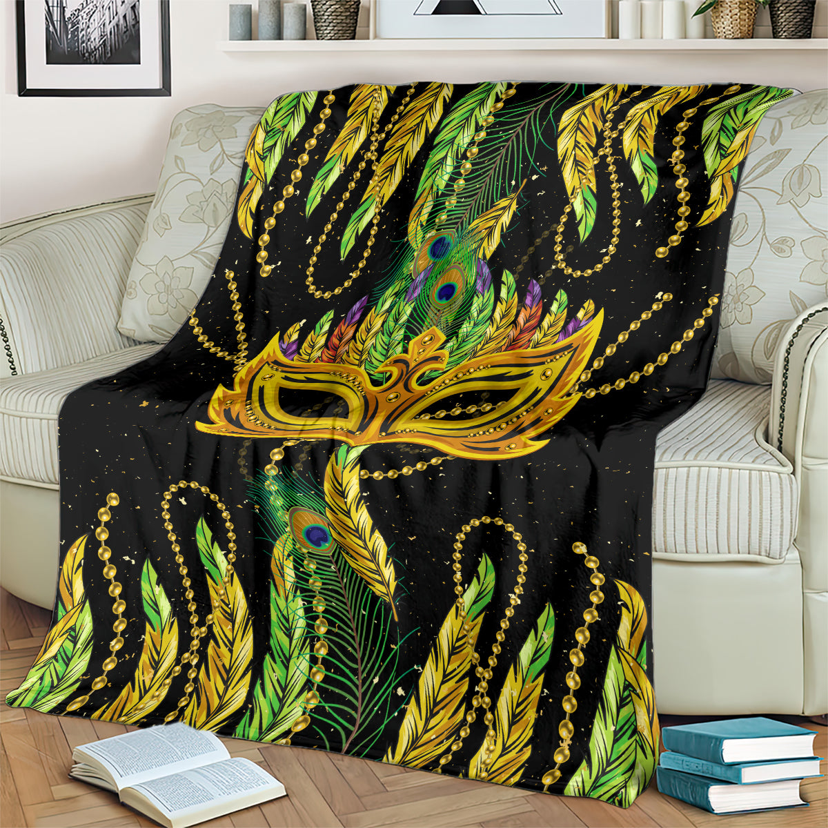 Mardi Gras feather mask blanket, green and black with gold ornate mask and bead accents