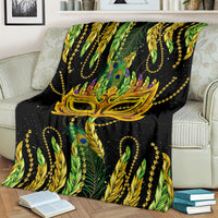 Mardi Gras feather mask blanket, green and black with gold ornate mask and bead accents