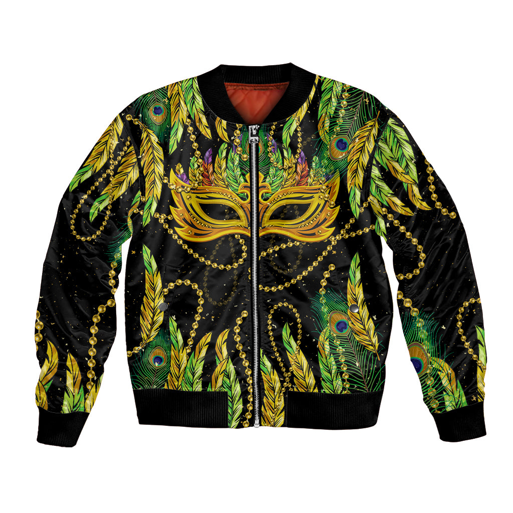 Bomber jacket with black base, green feather and mask graphic, full front zip