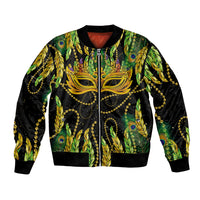 Bomber jacket with black base, green feather and mask graphic, full front zip