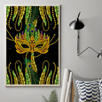Peacock feather mask canvas wall art with gold mask and green feather details