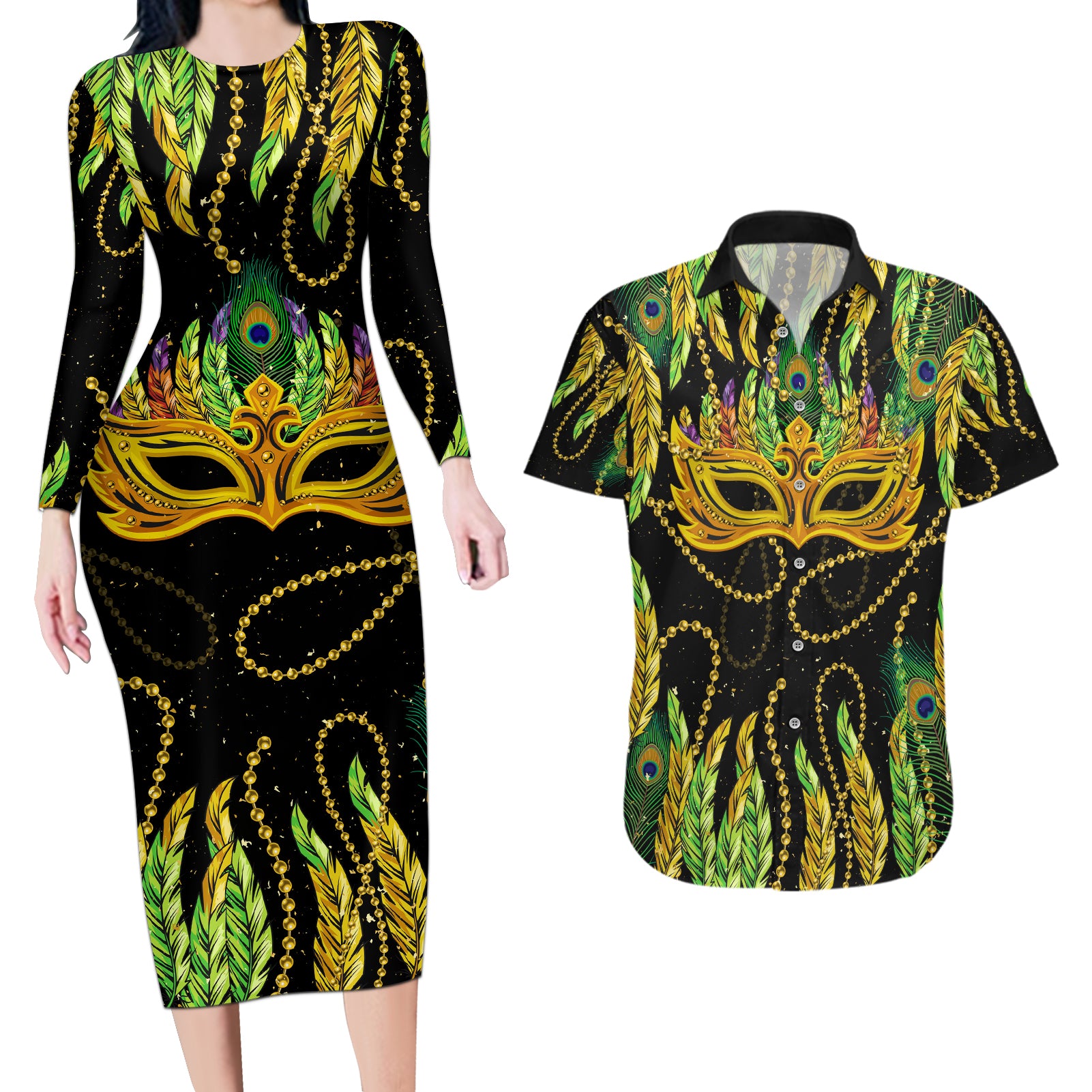 Feather Mask Mardi Gras Couples Matching Long Sleeve Bodycon Dress and Hawaiian Shirt LT9 - Wonder Print Shop