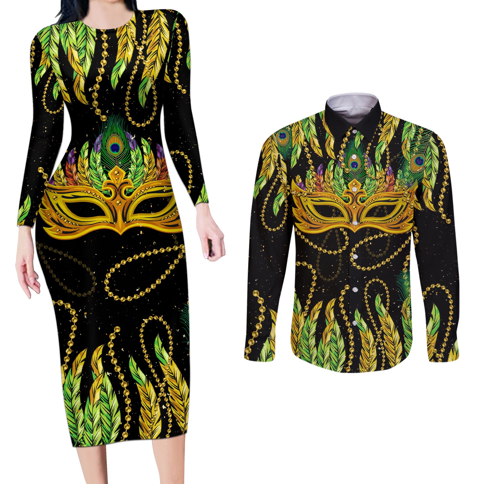 Feather Mask Mardi Gras Couples Matching Long Sleeve Bodycon Dress and Long Sleeve Button Shirt LT9 - Wonder Print Shop