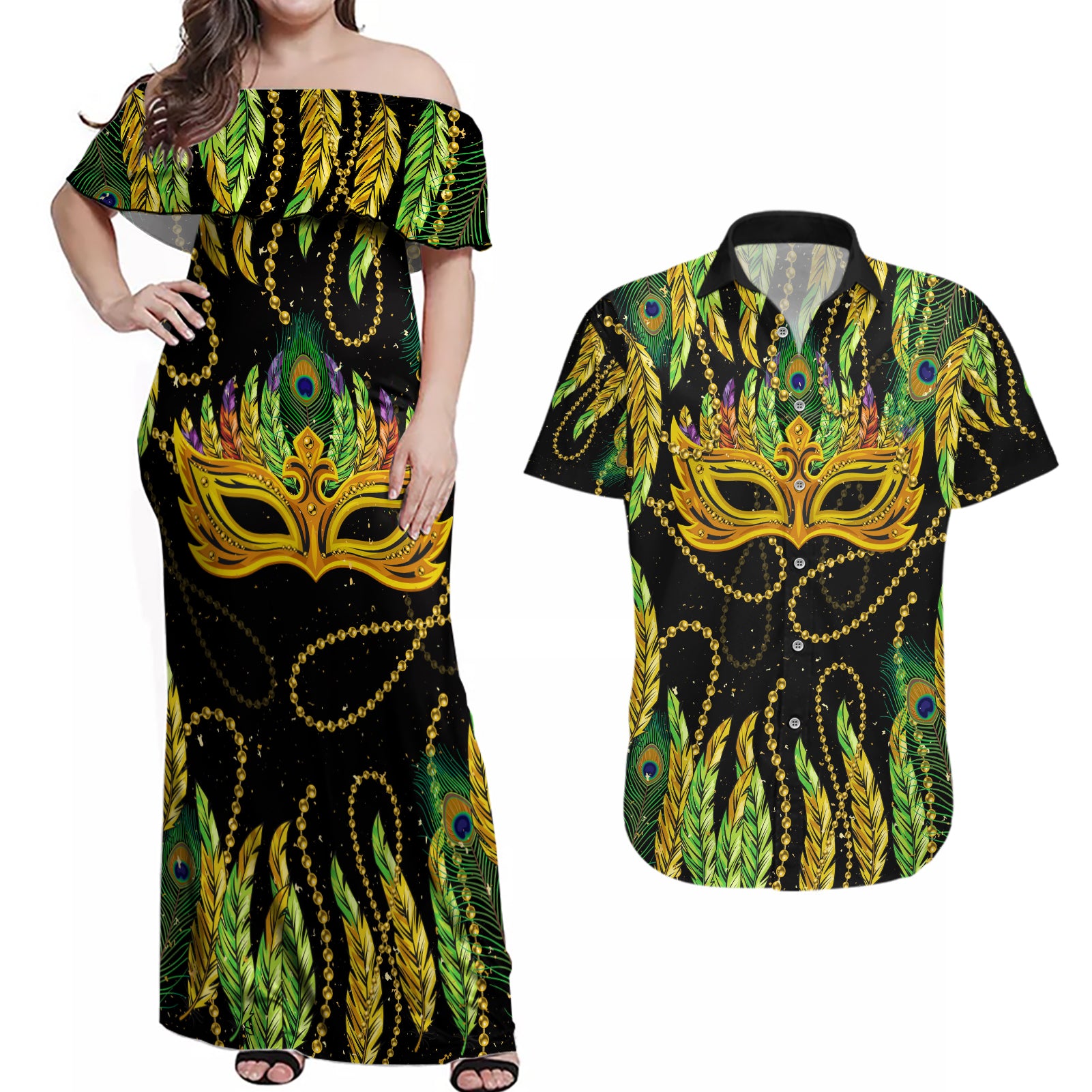 Feather Mask Mardi Gras Couples Matching Off Shoulder Maxi Dress and Hawaiian Shirt LT9 - Wonder Print Shop