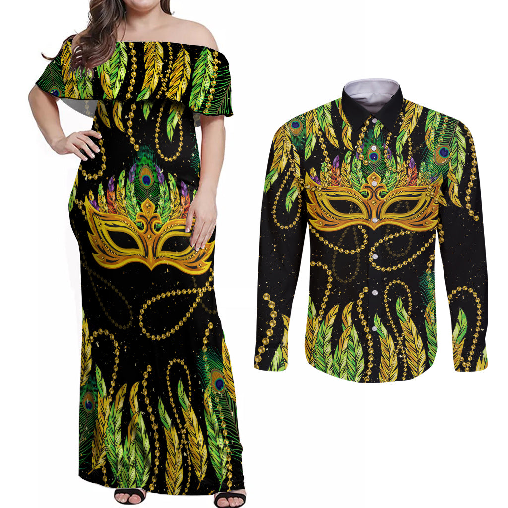 Feather Mask Mardi Gras Couples Matching Off Shoulder Maxi Dress and Long Sleeve Button Shirt LT9 - Wonder Print Shop