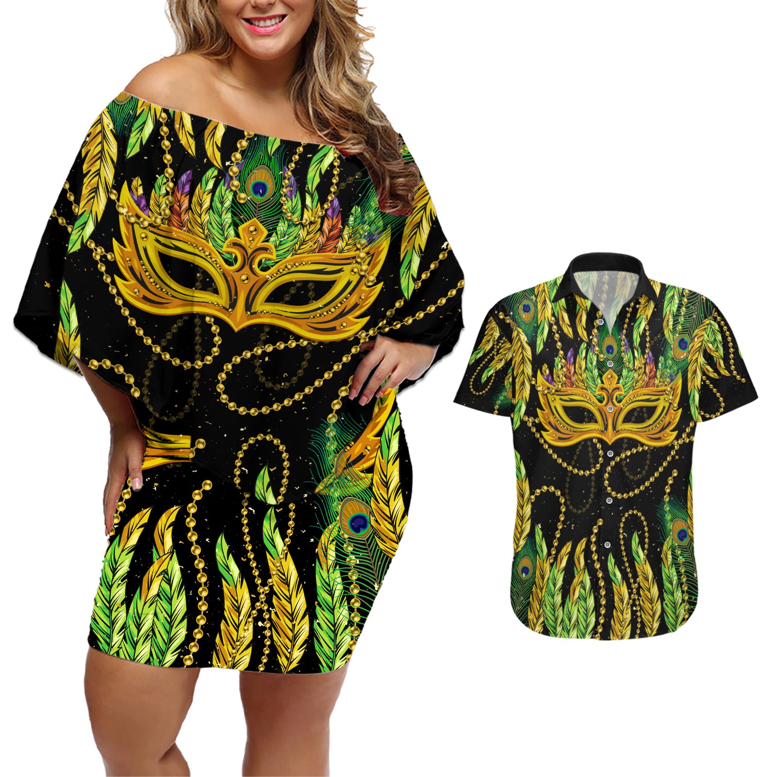 Feather Mask Mardi Gras Couples Matching Off Shoulder Short Dress and Hawaiian Shirt LT9 - Wonder Print Shop