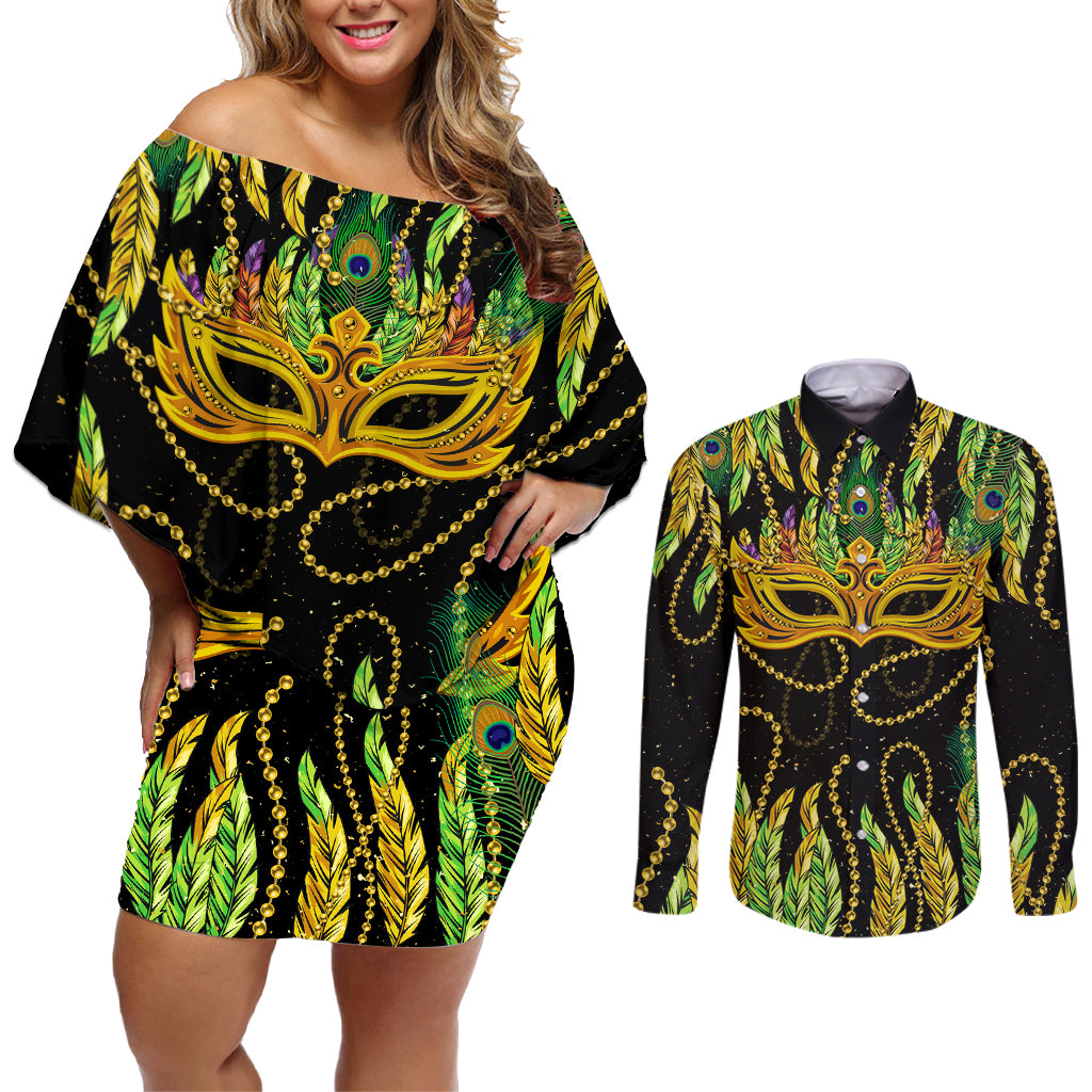 Feather Mask Mardi Gras Couples Matching Off Shoulder Short Dress and Long Sleeve Button Shirt LT9 - Wonder Print Shop