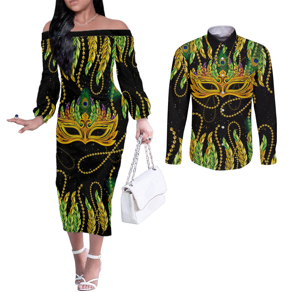 feather-mask-mardi-gras-couples-matching-off-the-shoulder-long-sleeve-dress-and-long-sleeve-button-shirt