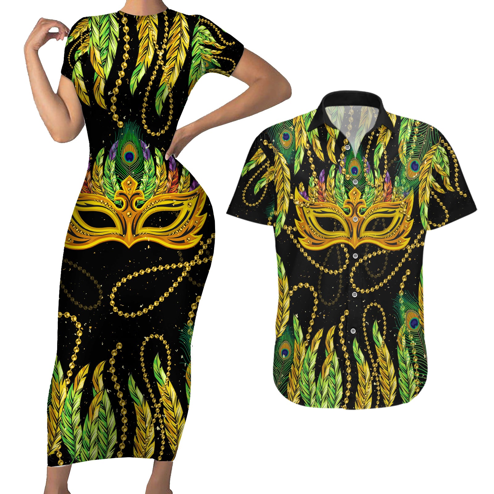 Feather Mask Mardi Gras Couples Matching Short Sleeve Bodycon Dress and Hawaiian Shirt LT9 - Wonder Print Shop