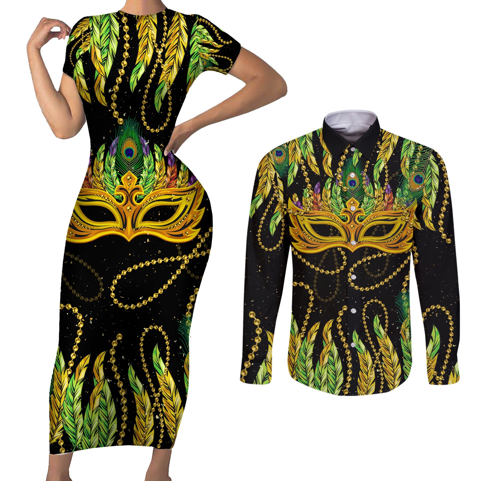 Feather Mask Mardi Gras Couples Matching Short Sleeve Bodycon Dress and Long Sleeve Button Shirt LT9 - Wonder Print Shop