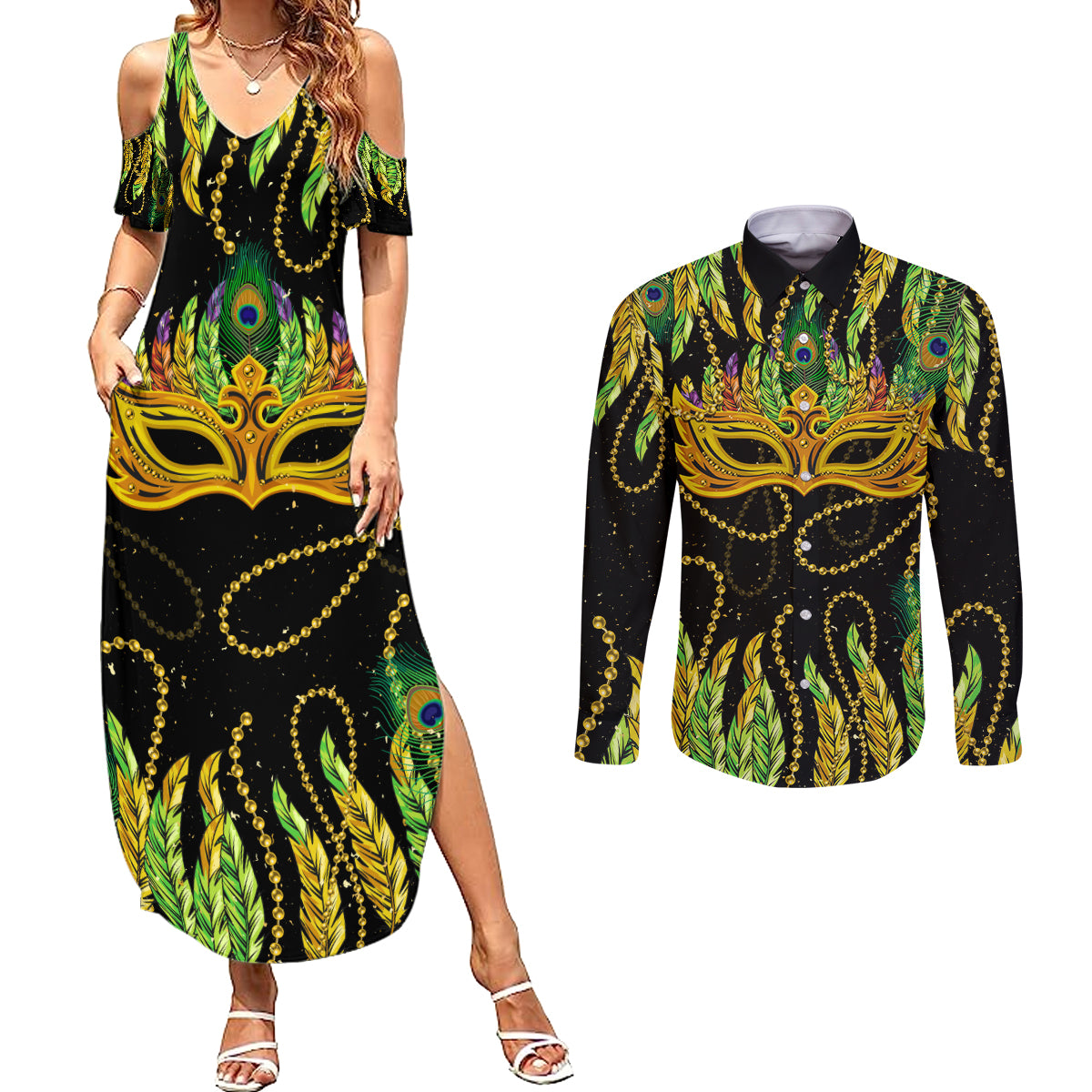 Feather Mask Mardi Gras Couples Matching Summer Maxi Dress and Long Sleeve Button Shirt LT9 - Wonder Print Shop