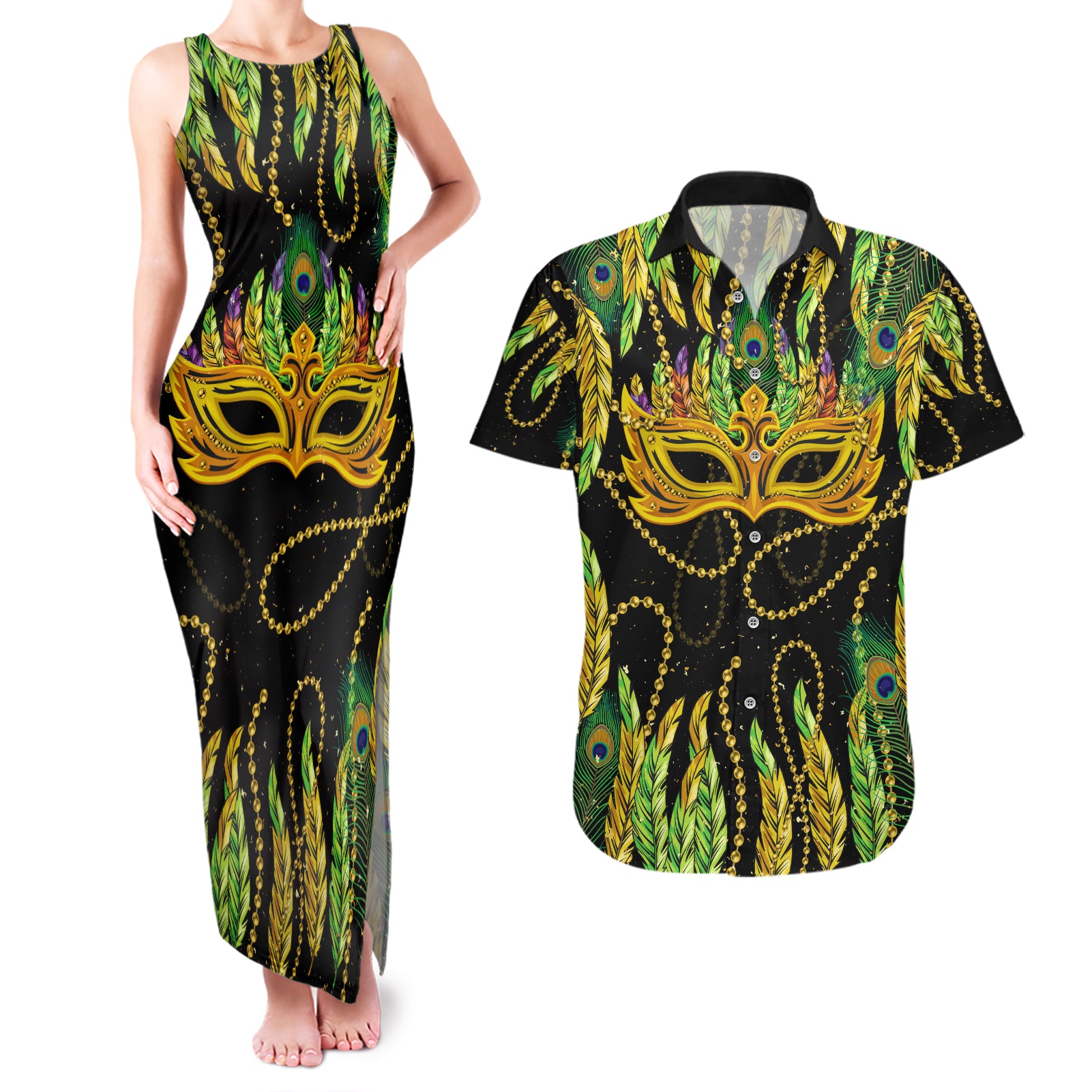 Feather Mask Mardi Gras Couples Matching Tank Maxi Dress and Hawaiian Shirt LT9 - Wonder Print Shop