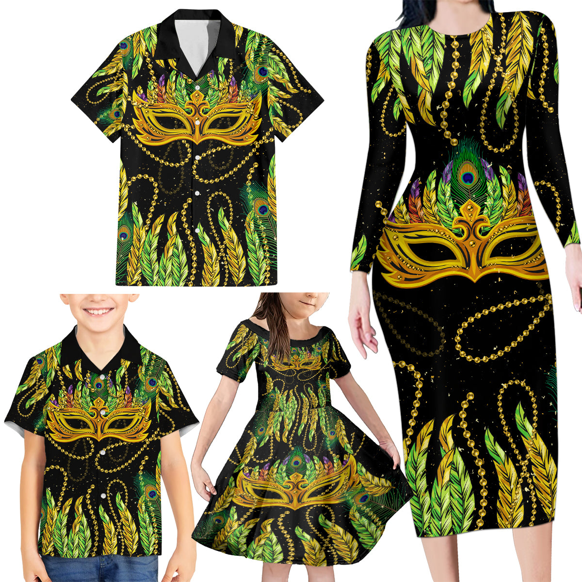 Feather Mask Mardi Gras Family Matching Long Sleeve Bodycon Dress and Hawaiian Shirt LT9 - Wonder Print Shop