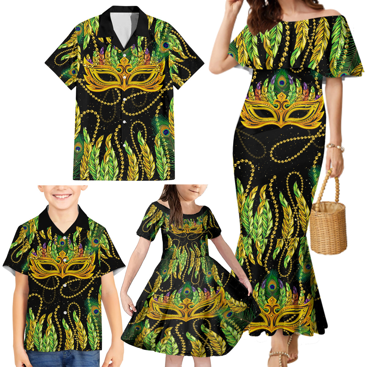 Feather Mask Mardi Gras Family Matching Mermaid Dress and Hawaiian Shirt LT9 - Wonder Print Shop