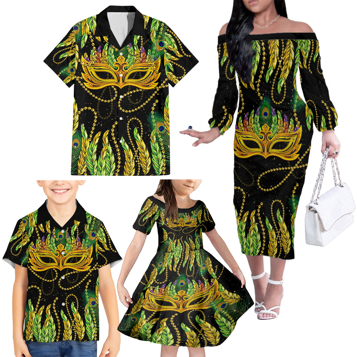 Feather Mask Mardi Gras Family Matching Off Shoulder Long Sleeve Dress and Hawaiian Shirt - Wonder Print Shop