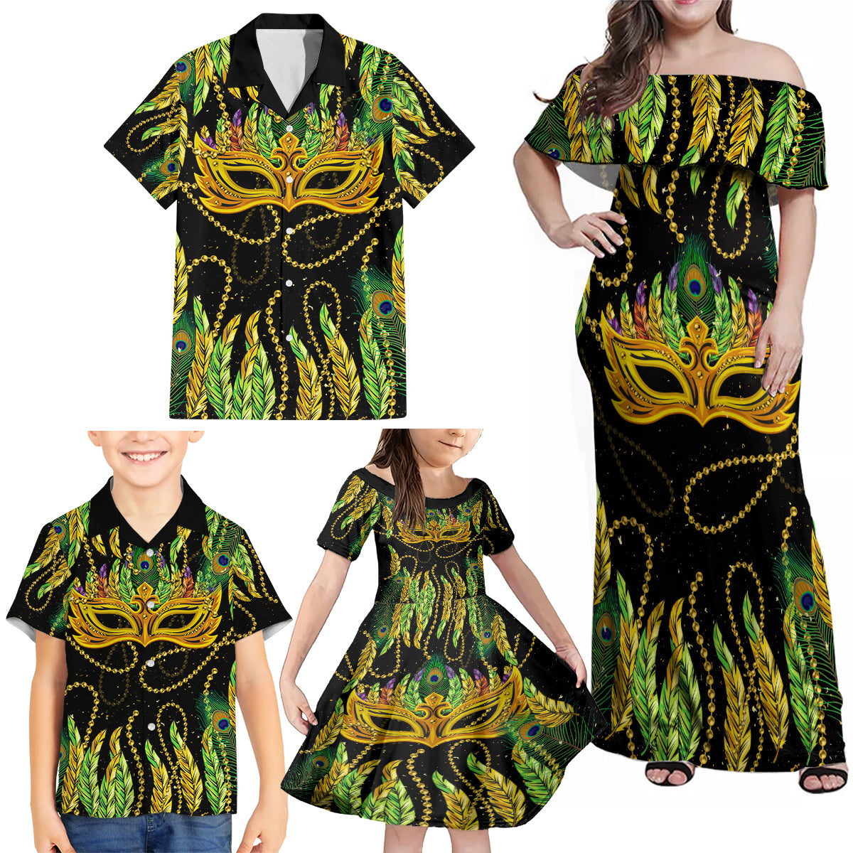 Feather Mask Mardi Gras Family Matching Off Shoulder Maxi Dress and Hawaiian Shirt LT9 - Wonder Print Shop