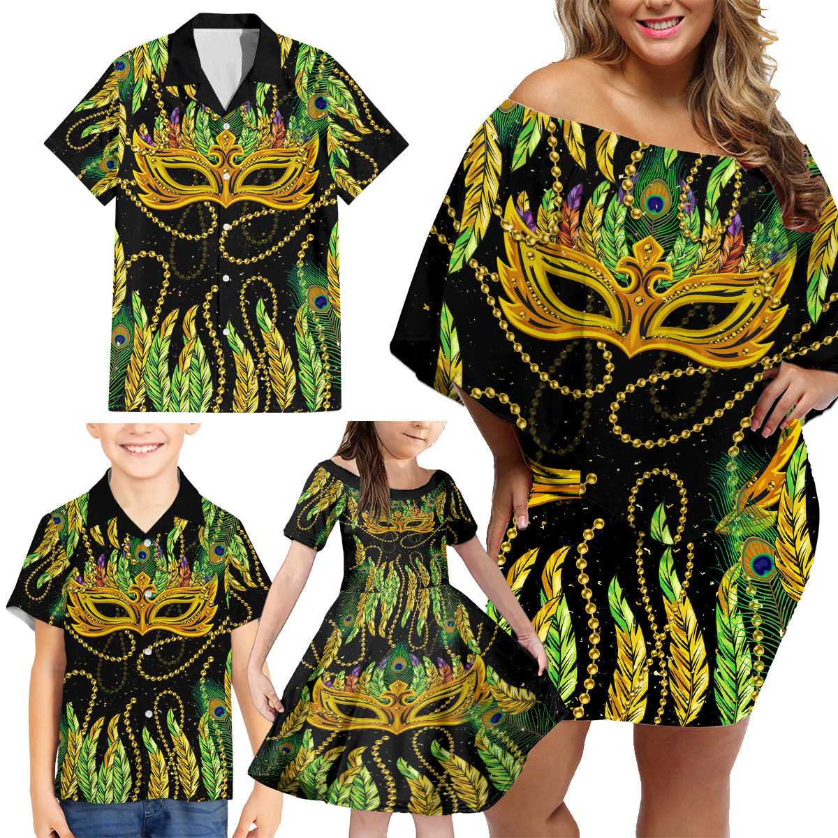 Feather Mask Mardi Gras Family Matching Off Shoulder Short Dress and Hawaiian Shirt LT9 - Wonder Print Shop