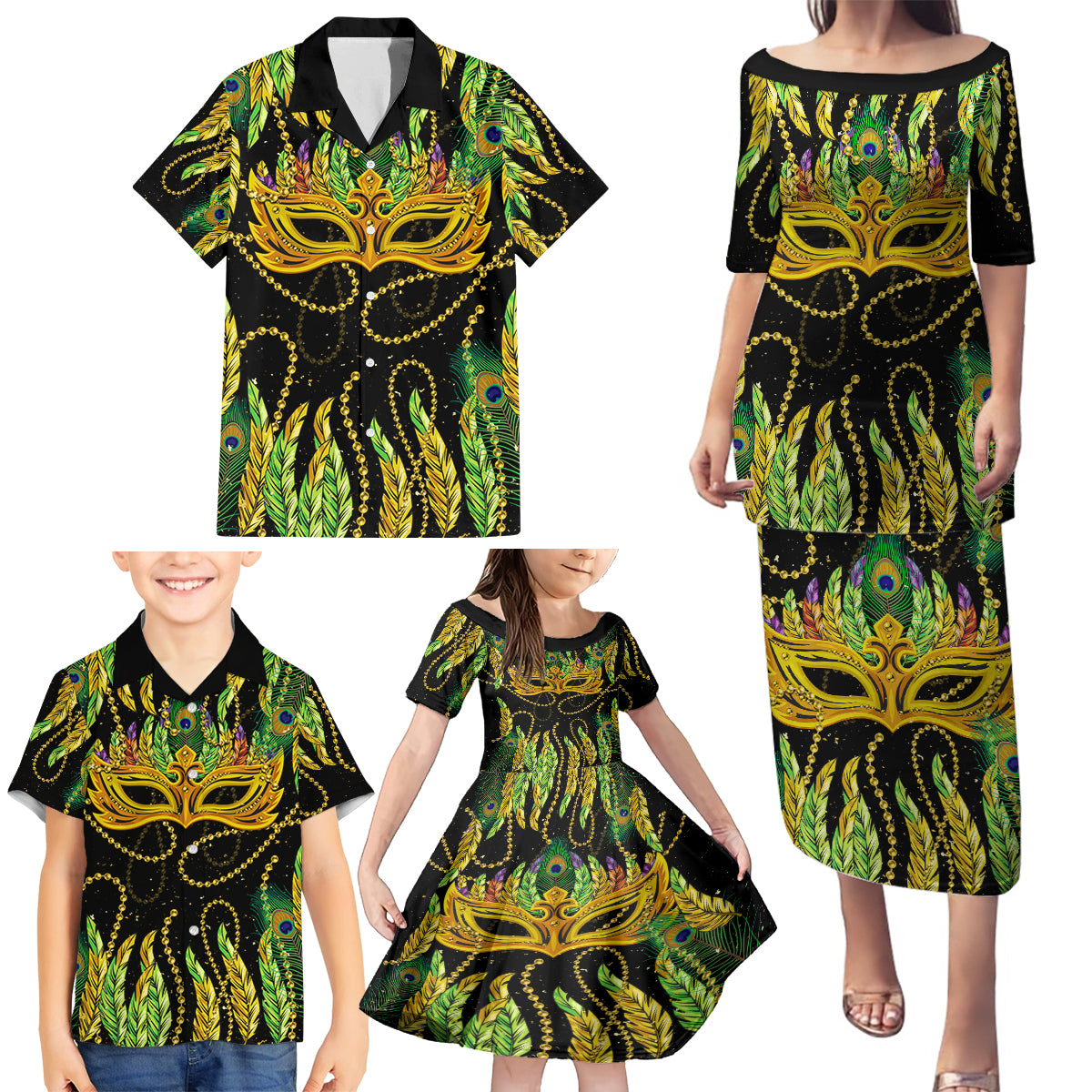 Feather Mask Mardi Gras Family Matching Puletasi and Hawaiian Shirt - Wonder Print Shop