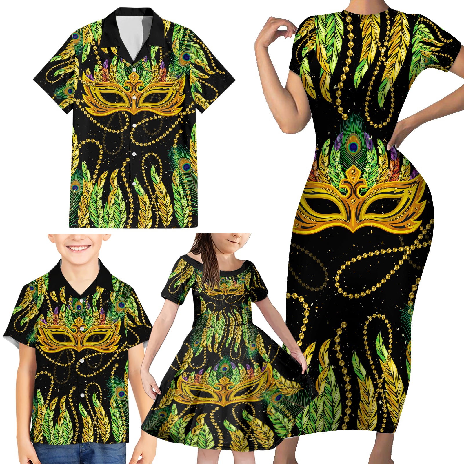 Feather Mask Mardi Gras Family Matching Short Sleeve Bodycon Dress and Hawaiian Shirt - Wonder Print Shop