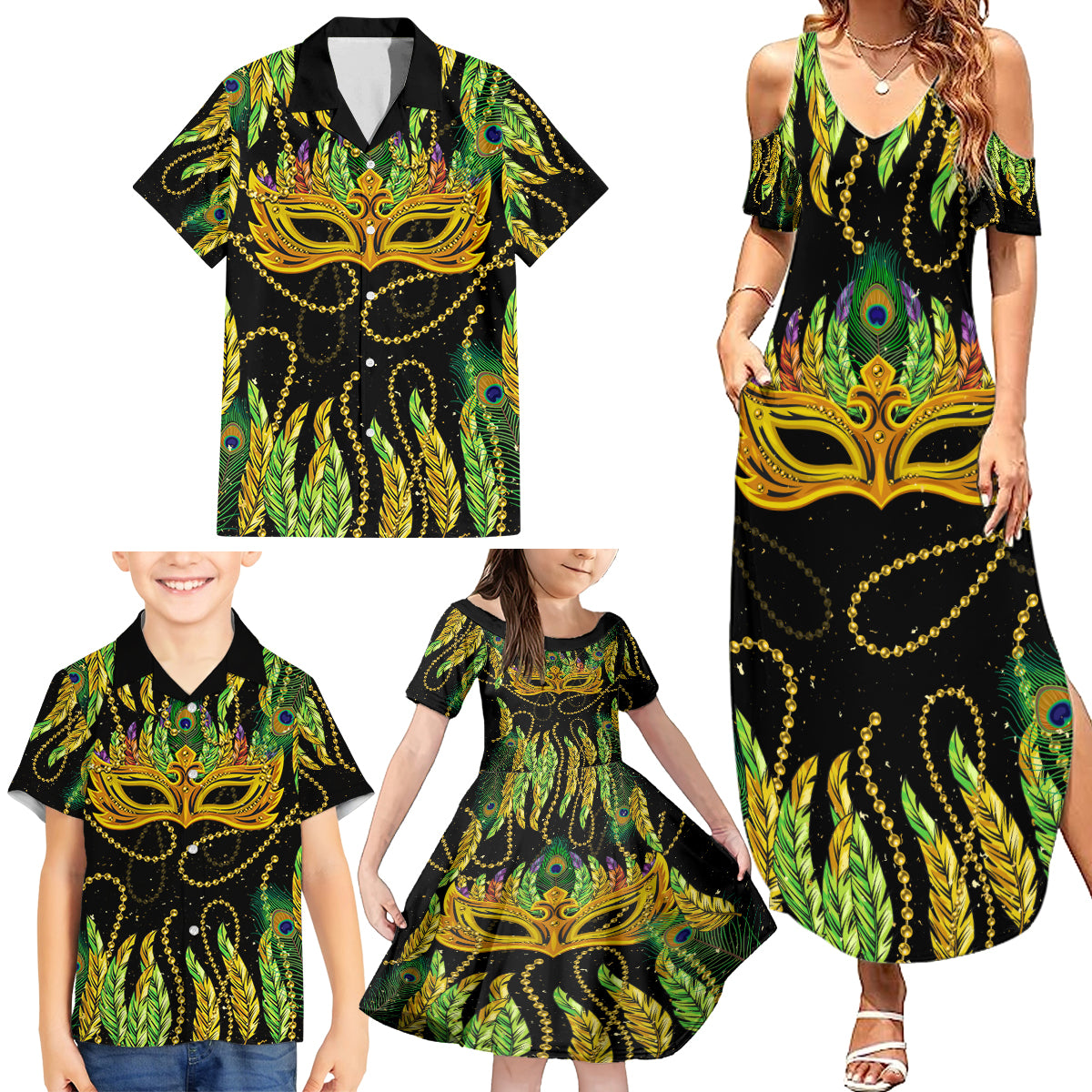 Feather Mask Mardi Gras Family Matching Summer Maxi Dress and Hawaiian Shirt - Wonder Print Shop