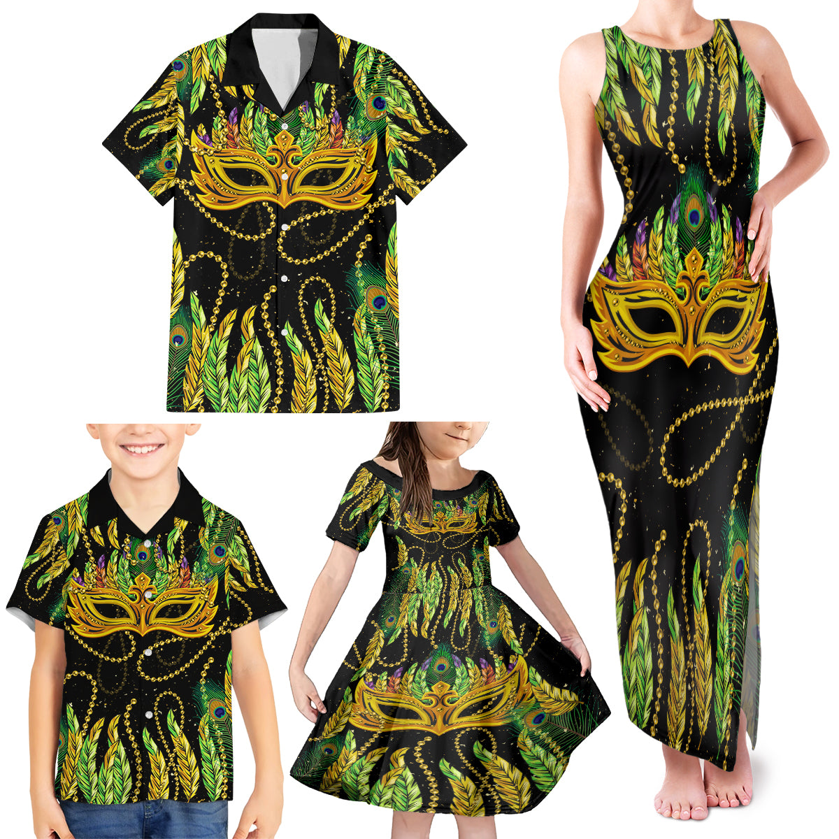 Feather Mask Mardi Gras Family Matching Tank Maxi Dress and Hawaiian Shirt - Wonder Print Shop