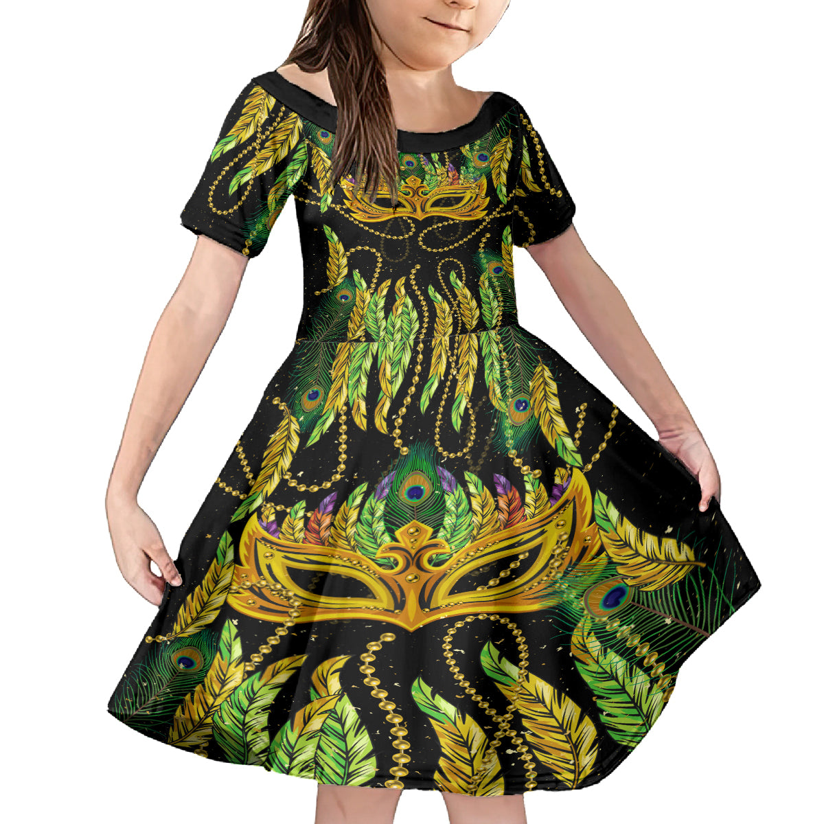 Feather Mask Mardi Gras Kid Short Sleeve Dress - Wonder Print Shop