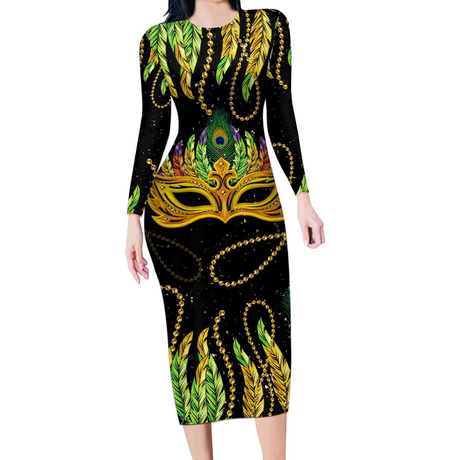 Feather Mask Mardi Gras Long Sleeve Bodycon Dress - Wonder Print Shop