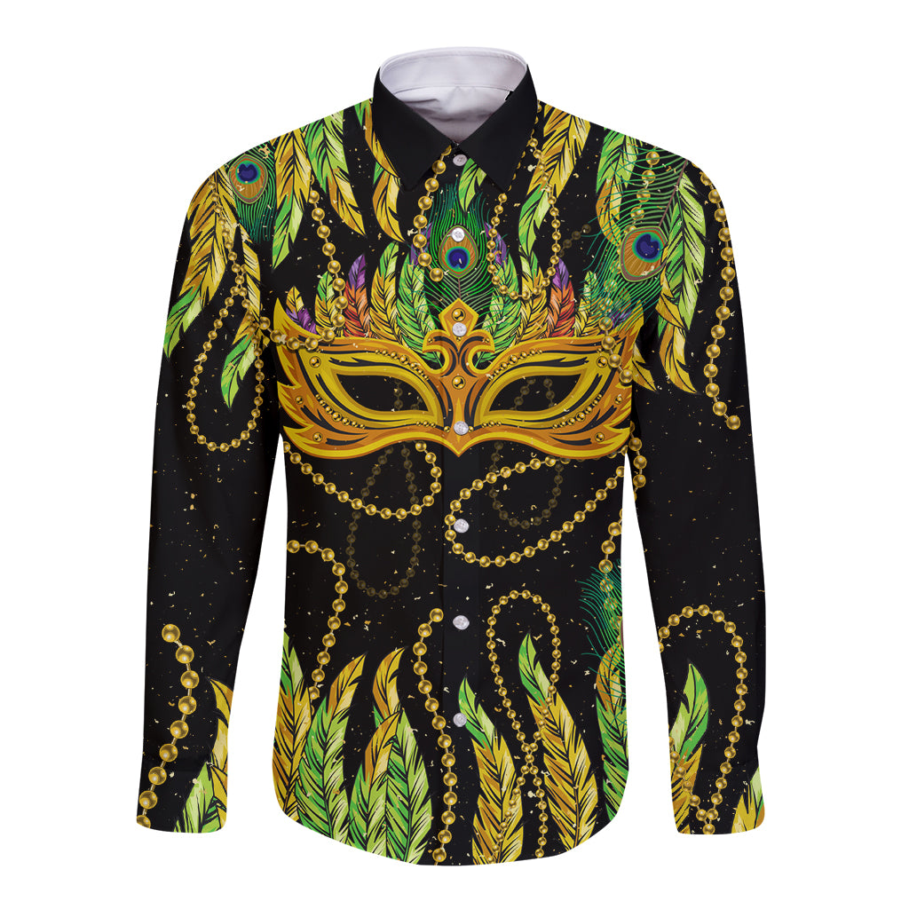 Long-sleeve button shirt with green Mardi Gras mask and feather print