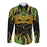 Long-sleeve button shirt with green Mardi Gras mask and feather print