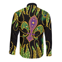 Long-sleeve button shirt with green Mardi Gras mask and gold chain ornament print
