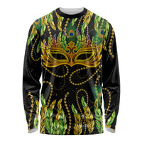 Unisex long-sleeve shirt in green and black with Mardi Gras feather mask graphic front