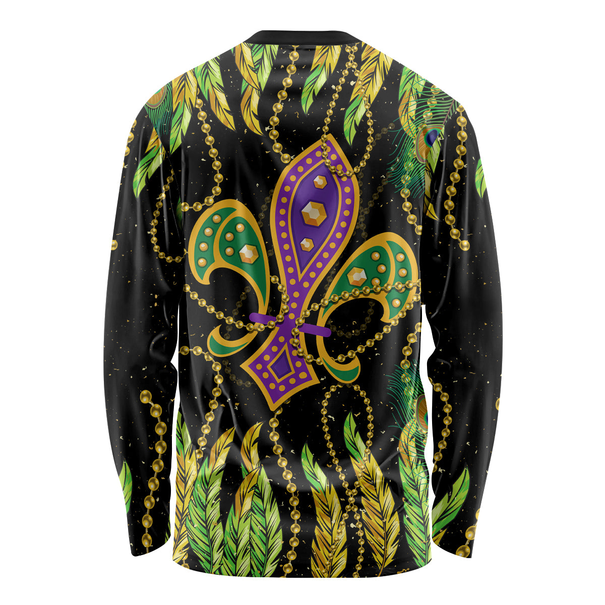Unisex long-sleeve shirt in green and black with purple fleur-de-lis mask graphic back