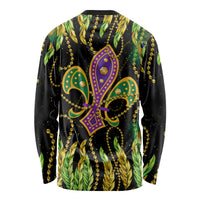 Unisex long-sleeve shirt in green and black with purple fleur-de-lis mask graphic back