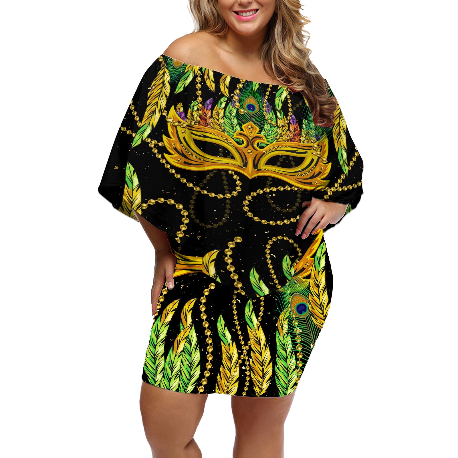 Feather Mask Mardi Gras Off Shoulder Short Dress - Wonder Print Shop