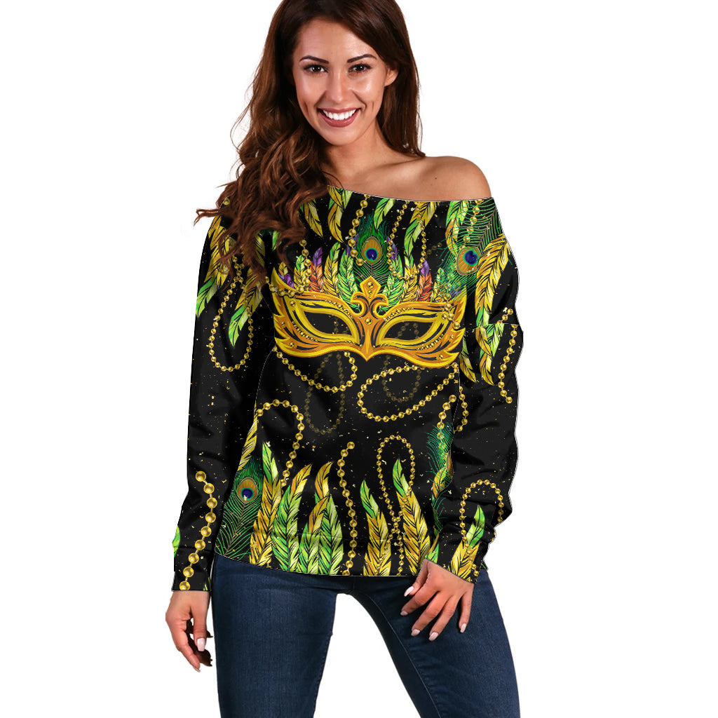 Feather Mask Mardi Gras Off Shoulder Sweater - Wonder Print Shop